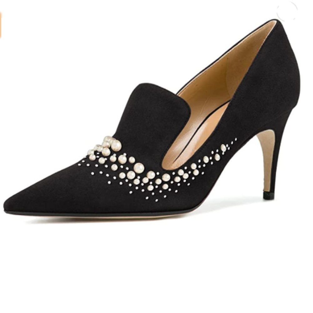 YDN Low Heels Slip on Loafer Stilettos Pumps Pointy Toe Slide Suede Prom Shoes